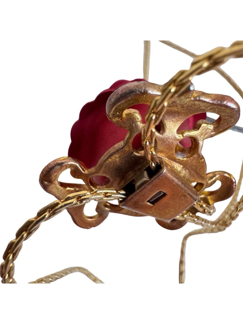 Vintage Red Rose Bolo Tie Lariat Necklace Gold Tone Chain Floral Pendant Jewelry - Picture 10 of 16